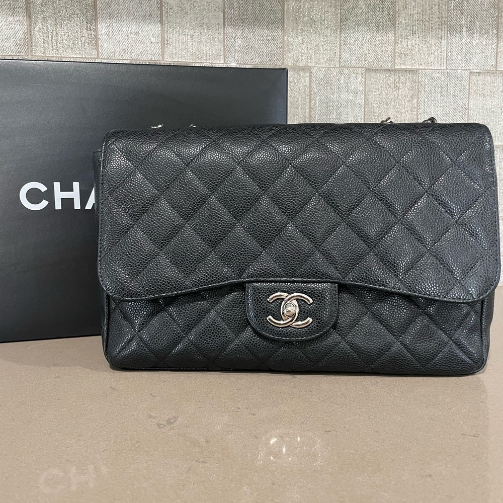SOLD CHANEL Classic Black Quilted Caviar Silver Chain Jumbo Large Flap Bag